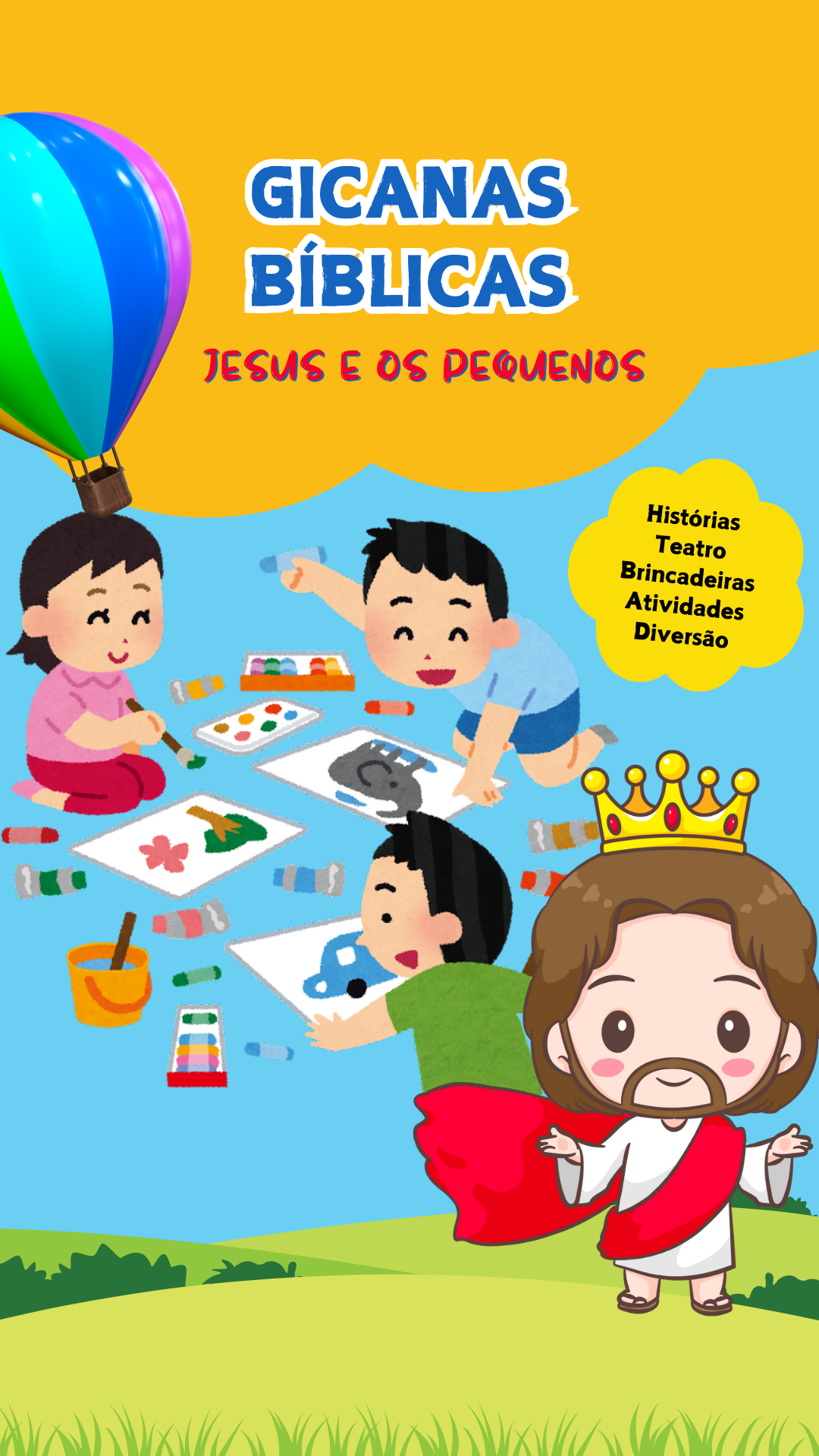 Convite para escola bíblica de férias azul e amarelo ilustrado Story de Instagram